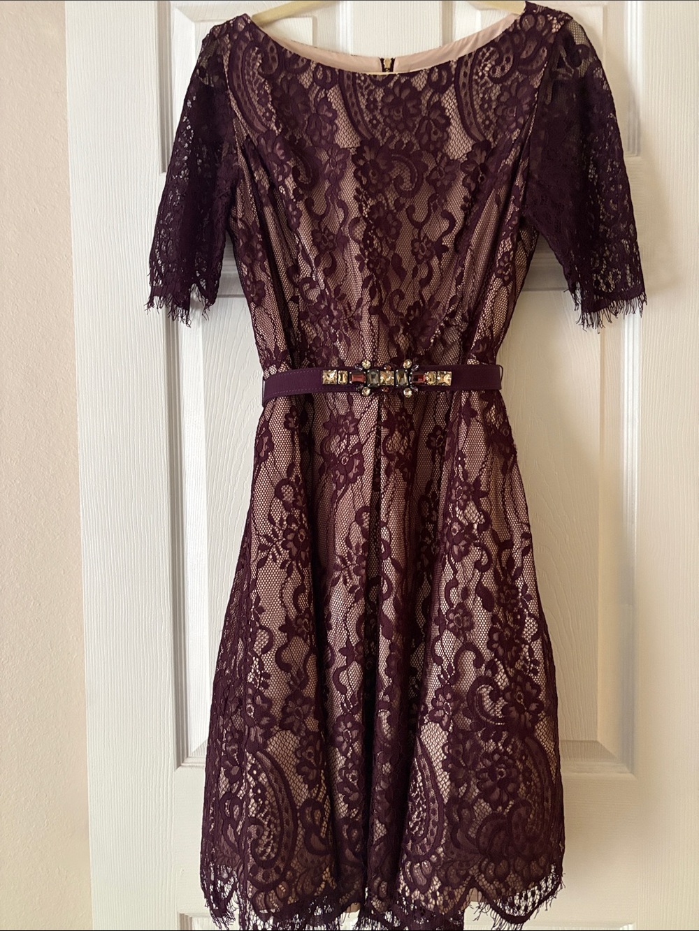 Eliza J Plum Lace Midi Dress with Jeweled Belt